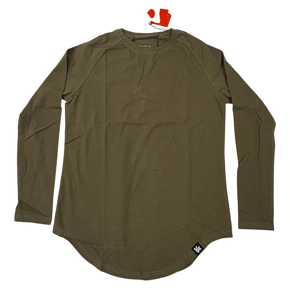 YoungLA Mens Long Sleeve Curved Hem Athletic Shirt Olive Green Slim Fit NEW